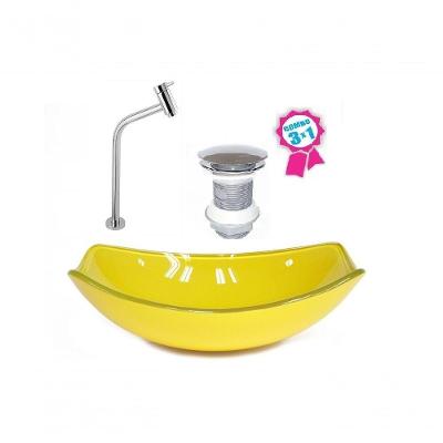 Cuba De Vidro Oval Chanfrada 46cm Amarela Válvula Torneira