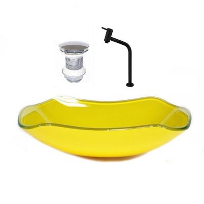 Cuba de Vidro 51cm Amarelo + Valvula + Torneira Preta