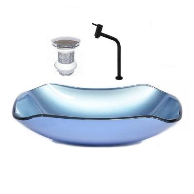 Cuba de Vidro Abaulada 51cm Azul + Valvula + Torneira Preta