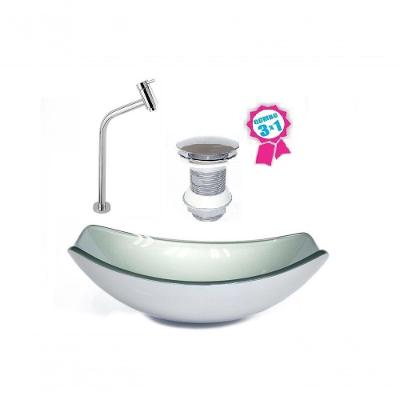 Cuba De Vidro Oval Chanfrada 46cm Prata + Válvula + Torneira