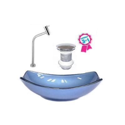 Cuba de Vidro Oval Chanfrada 46cm Azul Válvula Torneira