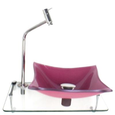 Kit Cuba De Vidro Quadrada 10Mm Rosa Com Tampo 40Cm Incolor E Suporte Cromado