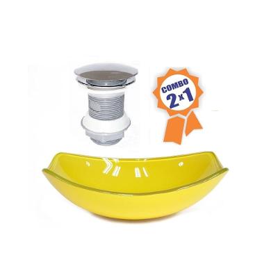 Cuba de Vidro Oval Chanfrada 46cm Amarela e Válvula Click
