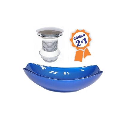 Cuba de Vidro Oval Chanfrada 46cm Azul Escuro Válvula Click