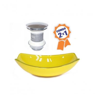Cuba De Vidro Oval Chanfrada 51cm Amarela + Válvula Click