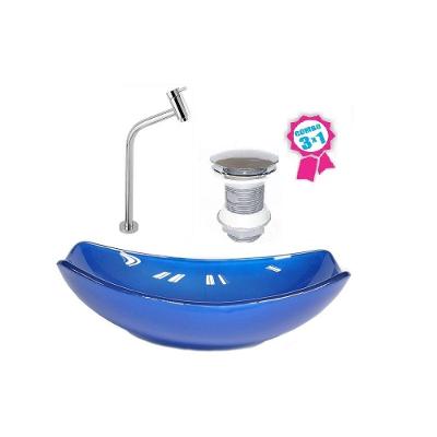 Cuba Vidro Oval Chanfrada 46cm Azul Escuro Válvula Torneira