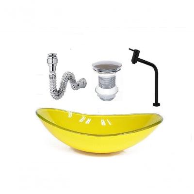 Cuba De Vidro Oval 47Cm Amarela + Valvula + Torneira Preta + Sifao