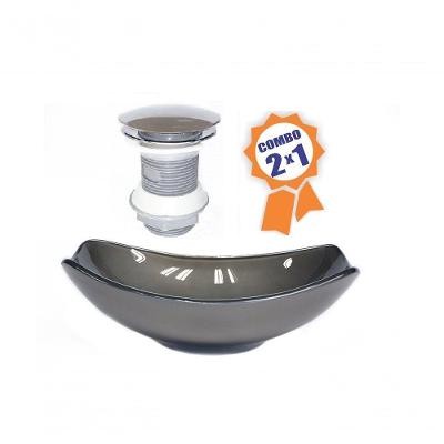 Cuba De Vidro Oval Chanfrada 46cm Grafite + Válvula Click