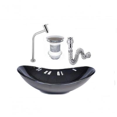 Cuba De Vidro Oval 47Cm Preta + Válvula Click + Torneira De Metal + Sifao