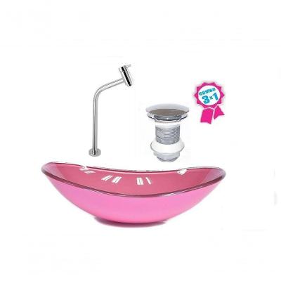 Cuba De Vidro Oval 55cm Rosa Válvula Click Torneira Metal