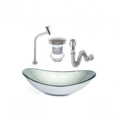 Cuba De Vidro Oval 47Cm Prata + Válvula Click + Torneira De Metal + Sifao