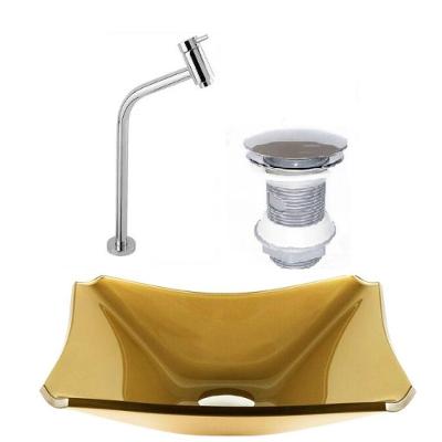 Cuba De Vidro Retangular 37cm Dourado Real Válvula Torneira