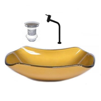Cuba de Vidro 51cm Dourado Real + Valvula + Torneira Preta