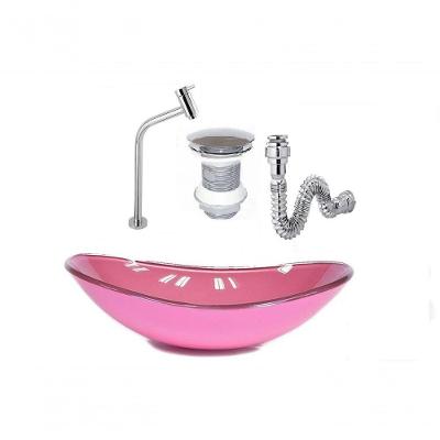 Cuba De Vidro Oval 47Cm Rosa + Válvula Click + Torneira De Metal + Sifao