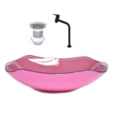 Cuba de Vidro Abaulada 51cm Rosa + Valvula + Torneira Preta