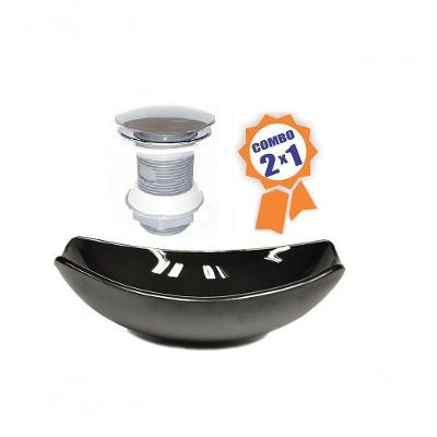 Cuba De Vidro Oval Chanfrada 46cm Preta + Válvula Click