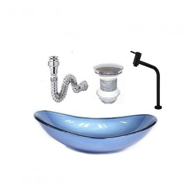 Cuba De Vidro Oval 47Cm Azul + Valvula + Torneira Preta + Sifao