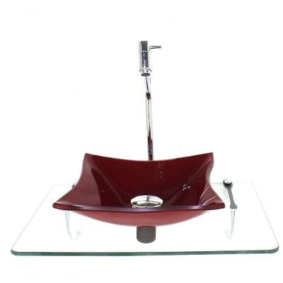 Kit Cuba De Vidro Quadrada 10Mm Vermelho Ferrari Com Tampo 50Cm Incolor E Suporte Cromado