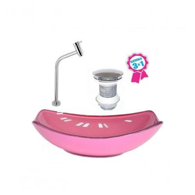 Cuba De Vidro Oval Chanfrada 46cm Rosa + Válvula + Torneira