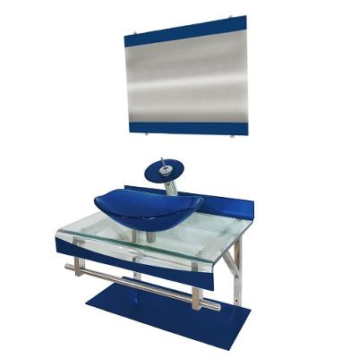 Gabinete Vidro 60cm Curvado Duplo Inox Cuba Oval Azul Escuro