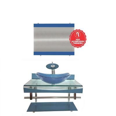 Gabinete De Vidro 60cm Curvado Duplo Inox Cuba Oval Azul