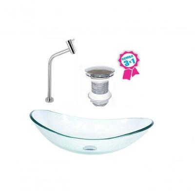 Cuba De Vidro Oval 55cm Jateado Válvula Click Torneira Metal