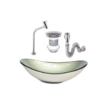 Cuba De Vidro Oval 47Cm Champanhe + Válvula Click + Torneira De Metal + Sifao