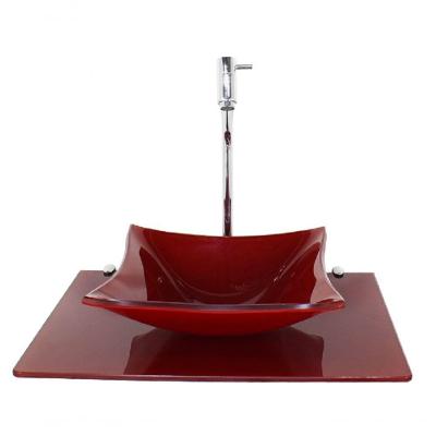 Cuba De Vidro 10Mm Tampo 50Cm Vermelho Cereja Full Com Suporte Torneira Valvula