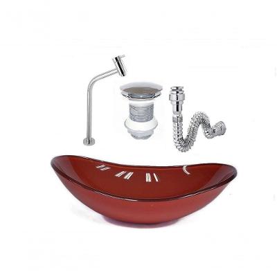 Cuba De Vidro Oval 47Cm Vermelho Cereja + Válvula Click + Torneira De Metal + Sifao