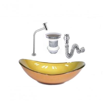 Cuba De Vidro Oval 47Cm Dourado Real + Válvula Click + Torneira De Metal + Sifao