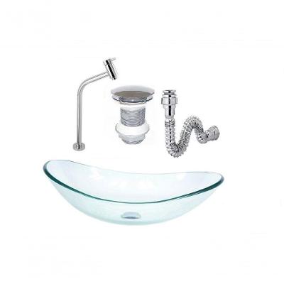Cuba De Vidro Oval 47Cm Jateada + Válvula Click + Torneira De Metal + Sifao