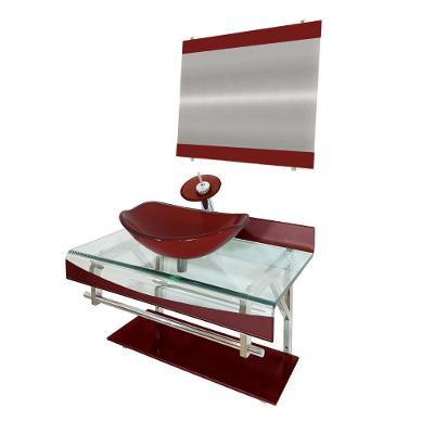 Gabinete Vidro 60cm Curvado Duplo Cuba Oval Vermelho Cereja