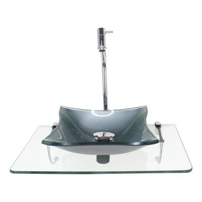 Kit Cuba De Vidro 10Mm Prata Tampo 50Cm Incolor Com Suporte Torneira Valvula