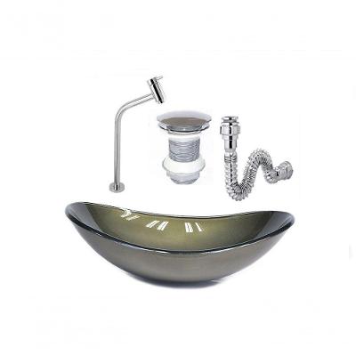 Cuba De Vidro Oval 47Cm Ouro Envelhecido + Válvula Click + Torneira De Metal + Sifao