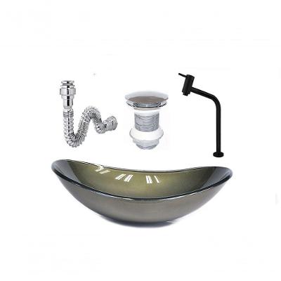 Cuba De Vidro Oval 47Cm Ouro Envelhecido + Valvula + Torneira Preta + Sifao