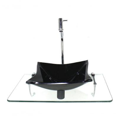 Kit Cuba De Vidro 10Mm Preta Tampo 50Cm Incolor Com Suporte Torneira Valvula