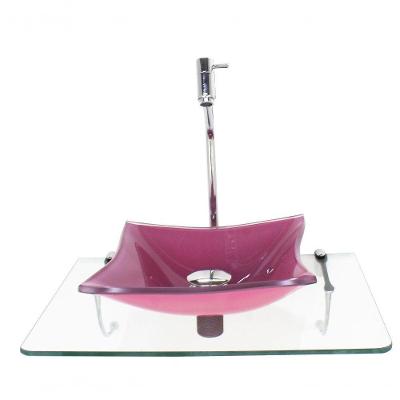 Kit Cuba De Vidro 10Mm Rosa Tampo 50Cm Incolor Com Suporte Torneira Valvula