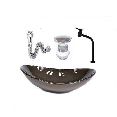 Cuba De Vidro Oval 47Cm Marrom + Valvula + Torneira Preta + Sifao