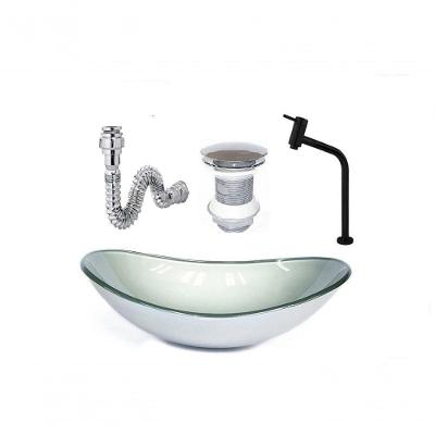 Cuba De Vidro Oval 47Cm Prata + Valvula + Torneira Preta + Sifao