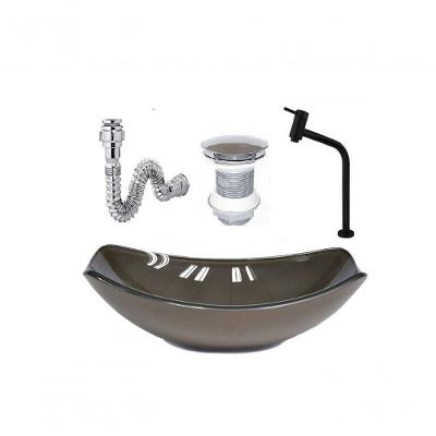 Cuba De Vidro Oval Chanfrada 46Cm Marrom + Valvula + Torneira Metal Preta + Sifao