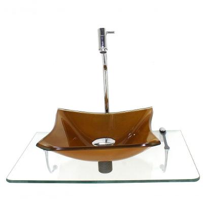Kit Cuba De Vidro 10Mm Dourado Real Tampo 50Cm Incolor Com Suporte Torneira Valvula