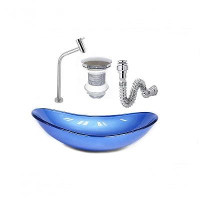 Cuba De Vidro Oval 47Cm Azul Escuro + Válvula Click + Torneira De Metal + Sifao