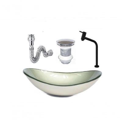 Cuba De Vidro Oval 47Cm Champanhe + Valvula + Torneira Preta + Sifao