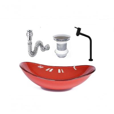 Cuba De Vidro Oval 47Cm Vermelho Ferrari + Valvula + Torneira Preta + Sifao