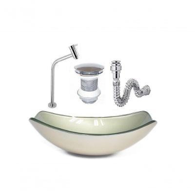 Cuba De Vidro Oval Chanfrada 46Cm Champanhe + Valvula + Torneira + Sifao