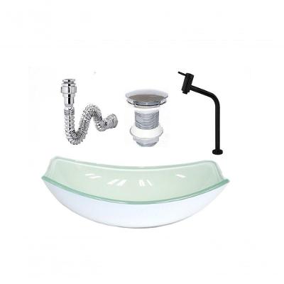 Cuba De Vidro Oval Chanfrada 46Cm Branca + Valvula + Torneira Metal Preta + Sifao