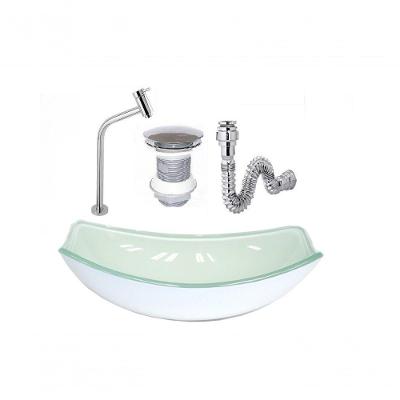 Cuba De Vidro Oval Chanfrada 46Cm Branca + Valvula + Torneira + Sifao