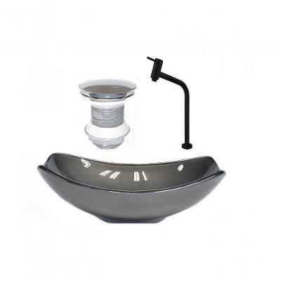 Cuba De Vidro Oval Chanfrada 46Cm Grafite + Valvula + Torneira Metal Preta + Sifao
