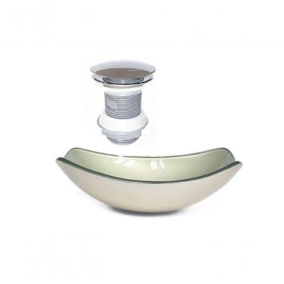 Cuba De Vidro Oval Chanfrada 46cm Champanhe + Valvula Click