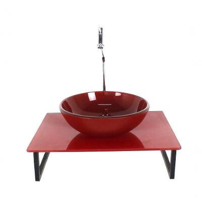 Kit Cuba De Vidro Redonda 10mm Tampo 50cm Vermelho Cereja Full Com Suporte Torneira Valvula